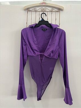 Top Chic Purple Sheer and Satin Long-Sleeve Bodysuit